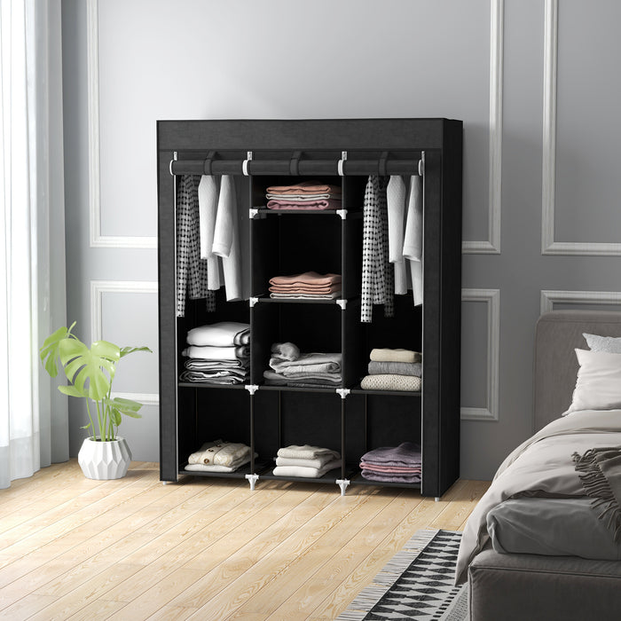 Black Fabric Portable Wardrobe with 8 Shelves and 2 Hanging Rods by HOMCOM