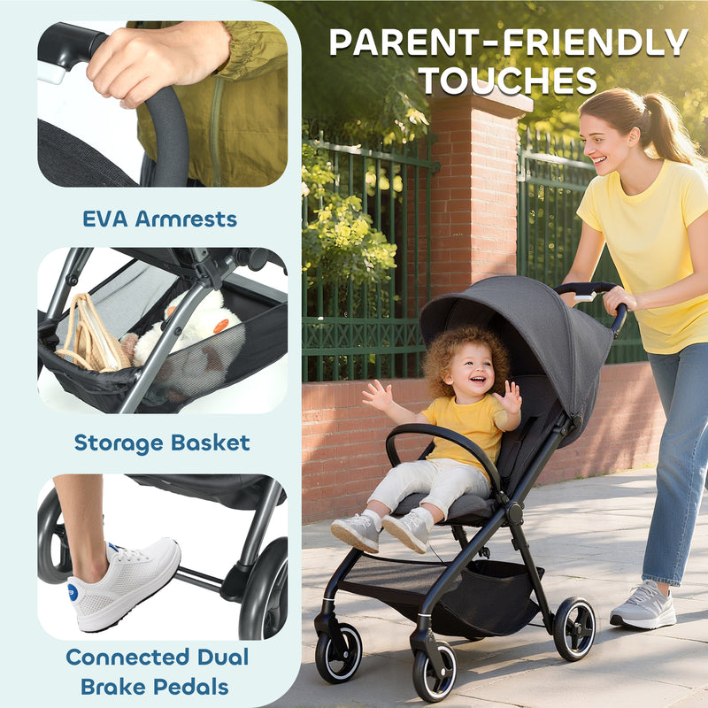 Lightweight Travel Pushchair With Reclining Seat And Storage Basket For Toddlers Dark Grey AOSOM