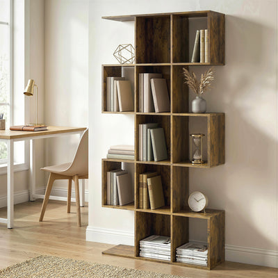 HOMCOM 5-Tier Bookshelf, S Shaped Geometric Bookcase with 15 Compartments, Rustic Brown AOSOM