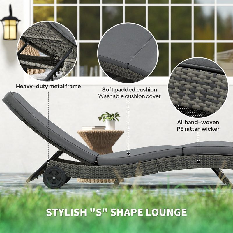 Dark Grey Rattan Sun Lounger With Adjustable Backrest and Wheels by Outsunny