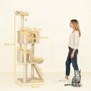 Large 180cm Cat Tree Tower with Hammock Condos and Scratching Posts for Indoor Use Beige AOSOM