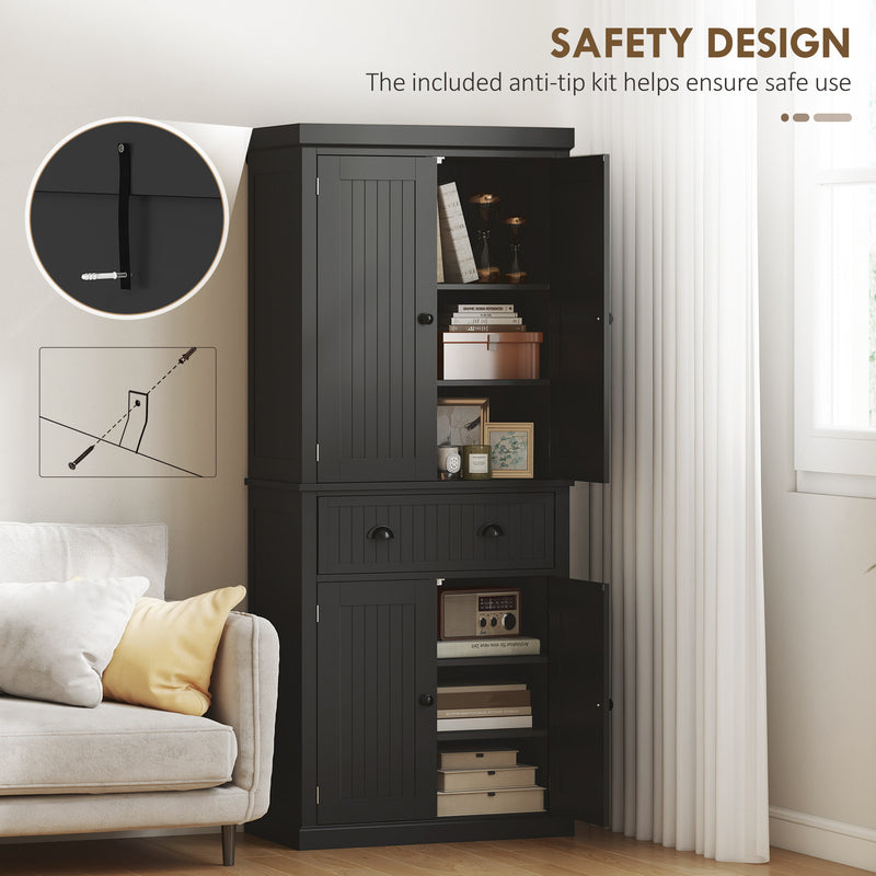 Tall Kitchen Storage Cabinet With Adjustable Shelves and Deep Cupboards Black