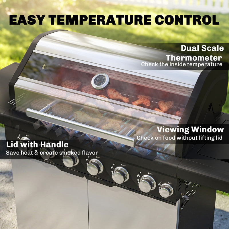 6 Burner Gas BBQ Grill With Side Burner for Easy Outdoor Cooking and Entertaining in the Garden Silver Tone Outsunny