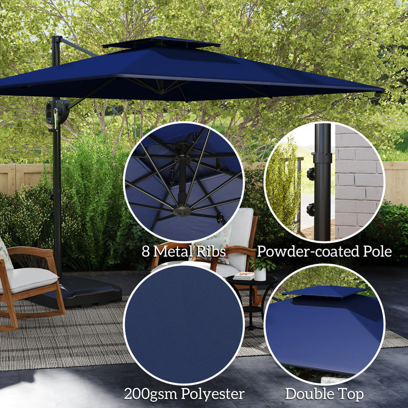 Dark Blue Cantilever Parasol with Weighted Base Square Hanging Umbrella with Crank Tilt by Outsunny