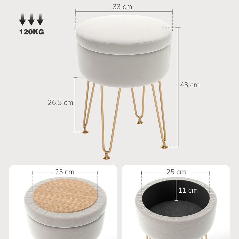 Round Storage Ottoman Footstool Cream White With Gold Hairpin Legs 5L Velvet Feel by HOMCOM