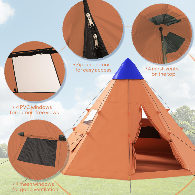 6 Person Tipi Tent with Easy Setup and Spacious Interior for Family Camping Orange Blue