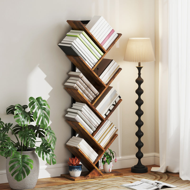 Eight Shelf Tree Bookcase With Space Saving Design For Bedroom Or Lounge, Wood Effect