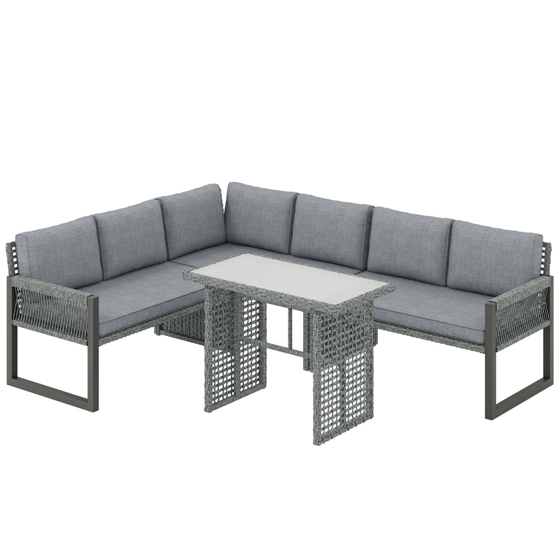 Modular Rattan Patio Furniture Set with Washable Cushions and Glass Table, Grey