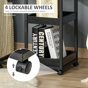 Set of 2 C Shaped Sofa Side Tables with Lockable Wheels and 3 Tier Storage, Dark Brown
