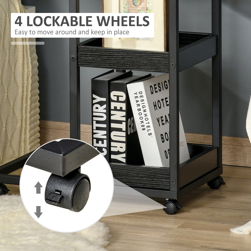 Set of 2 C Shaped Sofa Side Tables with Lockable Wheels and 3 Tier Storage, Dark Brown