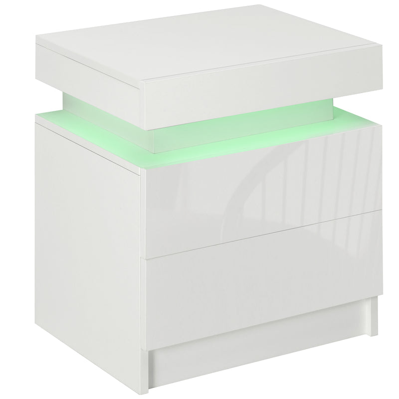 LED Bedside Table with White High Gloss Front and 2 Drawers for Bedroom or Lounge
