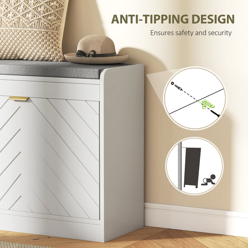 White Shoe Storage Bench For Entryway - Flip Drawer With Chevron Detail - Grey Cushioned Seat Homcom