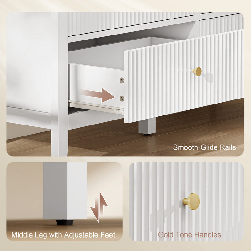 White 6 Drawer Chest of Drawers With Fluted Drawer Fronts and Gold Knobs - 100x40x78cm Homcom