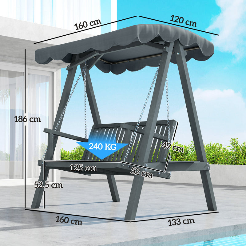 Grey Wooden Garden Swing Seat for 2 Adults with Water Resistant Canopy and Wooden Frame Outsunny