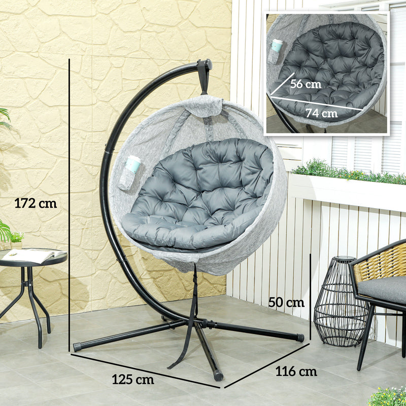 Grey Hanging Egg Chair with Stand Thick Cushion and Cup Holder for Garden or Balcony by Outsunny