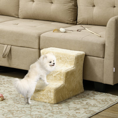 Beige Three Step Dog Stairs with Washable Plush Cover for Small Dogs and Cats by PawHut