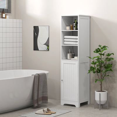 Tall Bathroom Cabinet with Open Shelves and Cupboard for Small Spaces White Homcom