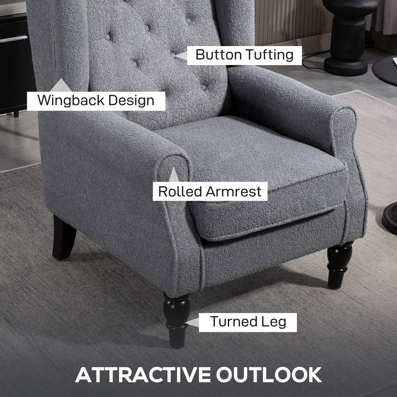 Retro Wingback Accent Chair With Button Tufted Upholstery For Living Room And Bedroom Grey
