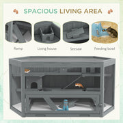 Grey 3 Tier Wooden Hamster Cage with Sliding Tray Seesaws and Water Bottle by PawHut