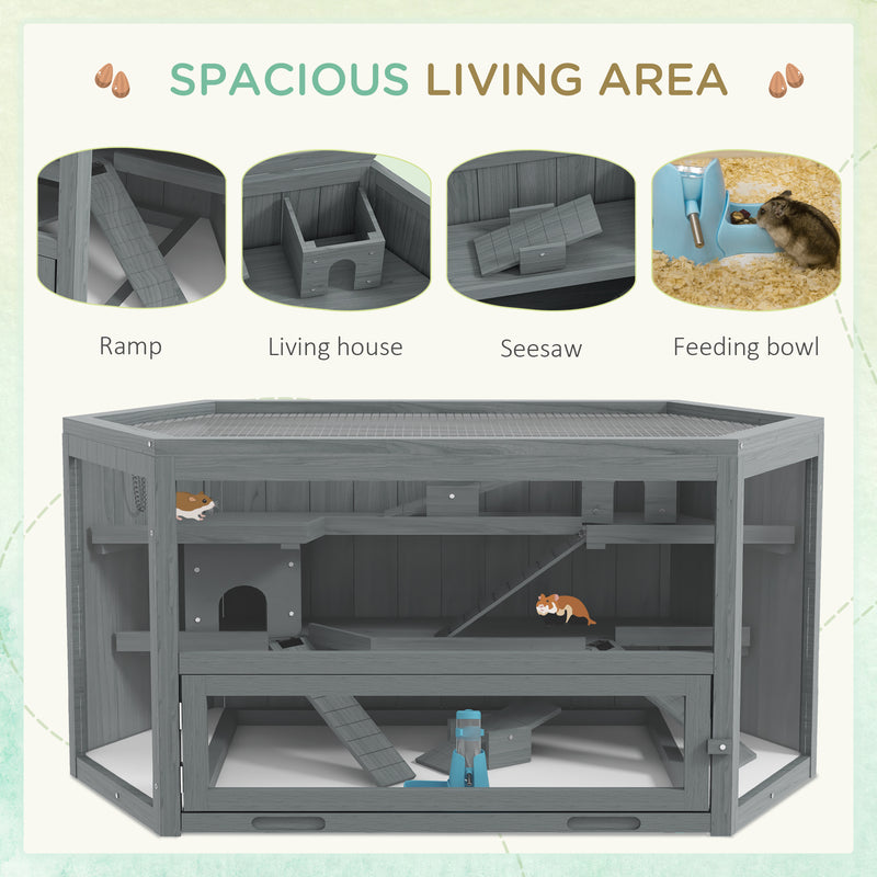 Grey 3 Tier Wooden Hamster Cage with Sliding Tray Seesaws and Water Bottle by PawHut