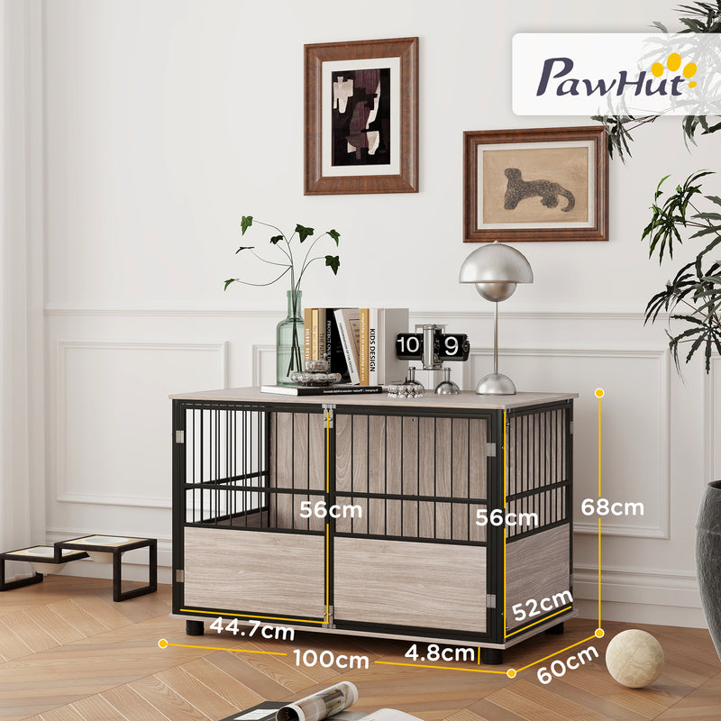 Large Dog Crate End Table with Washable Cushion and Triple Doors for Indoor Use Grey
