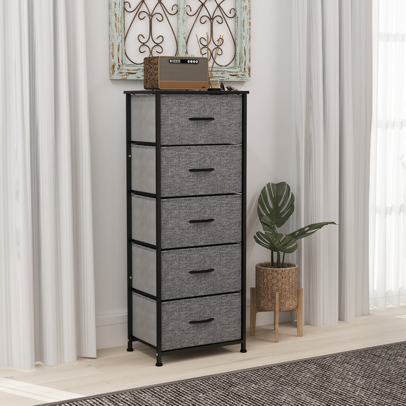 Fabric Chest of Drawers with 5 Storage Drawers Steel Frame and Wooden Top Dark Grey by HOMCOM