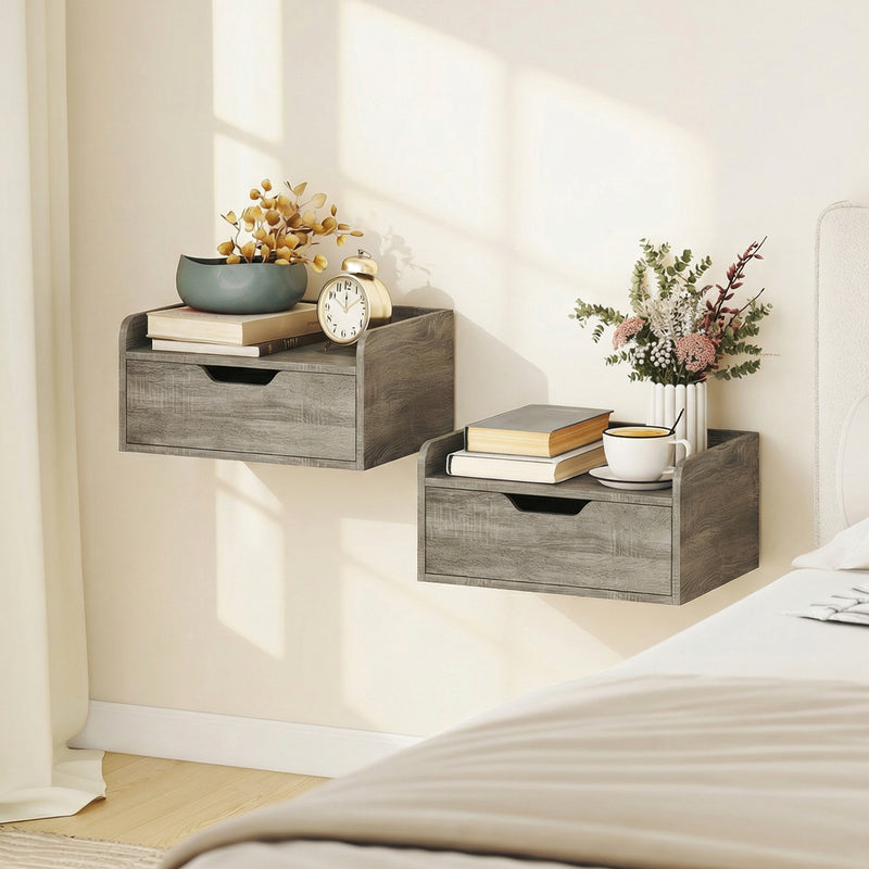 Floating Bedside Tables Set of 2 with Drawer and Shelf for Space Saving Bedroom Storage Grey AOSOM