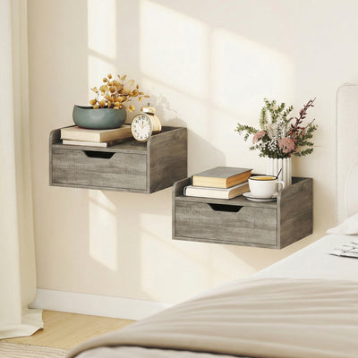 Floating Bedside Tables Set of 2 with Drawer and Shelf for Space Saving Bedroom Storage Grey AOSOM