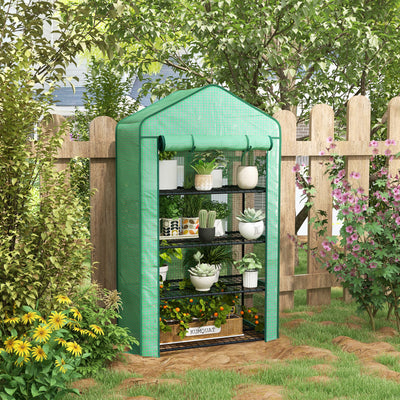 Four Tier Mini Greenhouse with Reinforced Cover for Plants and Seedlings Green