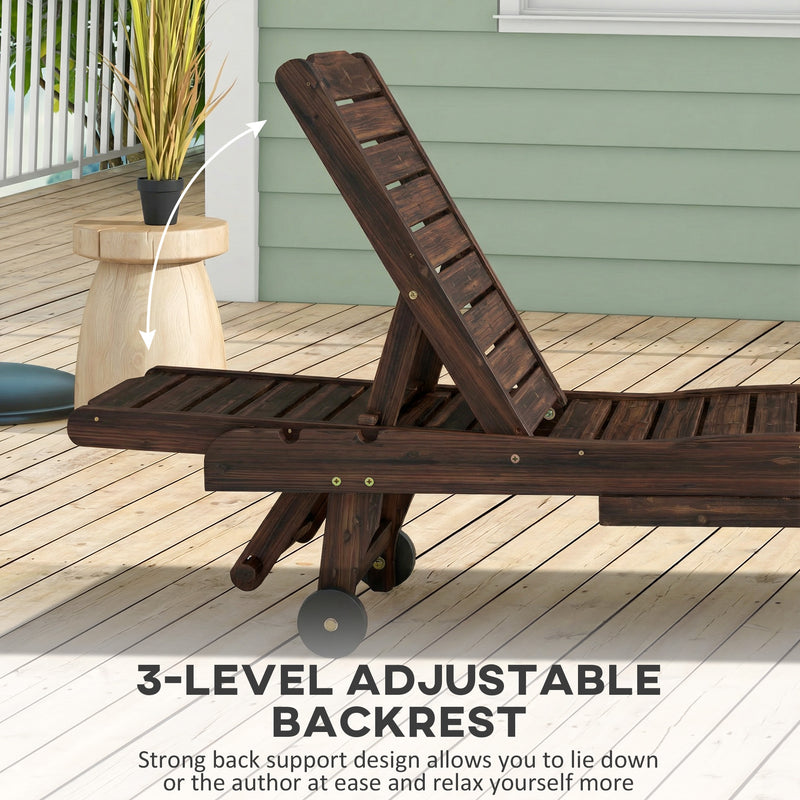 Wooden Sun Lounger with Adjustable Backrest and Pull Out Tray for Garden Comfort Carbonised Finish