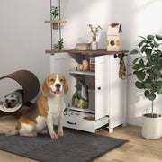 White Pet Feeding Station with Raised Dog Bowls Storage Cabinet and Hooks