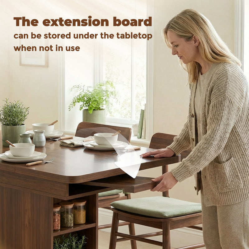 Extending Dining Table with Storage Shelves for Space Saving and Extra Seating Walnut Brown