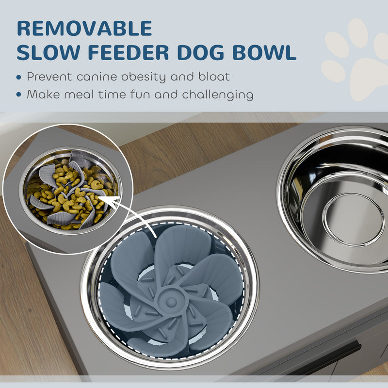 Raised Dog Feeder with Slow Feed Bowls and Storage Drawer for Large Dogs Grey