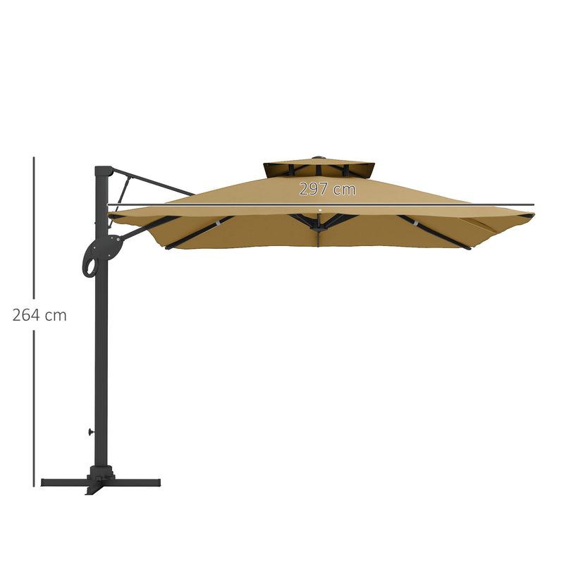 Khaki 3m Cantilever Garden Parasol with Hydraulic Lift for Easy Outdoor Shade