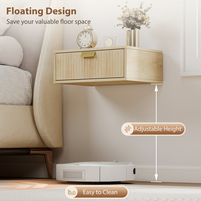 Floating Wall Mounted Bedside Table Set with Drawer for Clutter Free Storage Oak