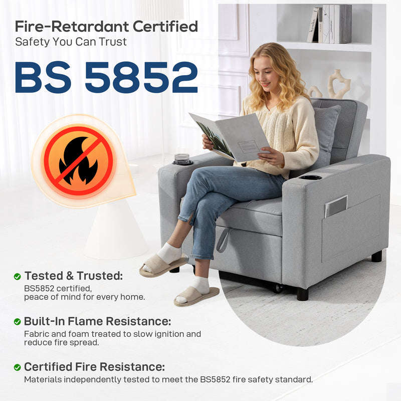 3 in 1 Convertible Single Sofa Chair Bed Ideal for Guest Rooms and Small Spaces Light Grey