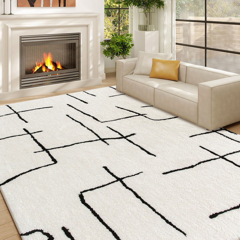 Soft High Pile Geometric Area Rug Washable Floor Carpet for Living Room or Bedroom, Cream