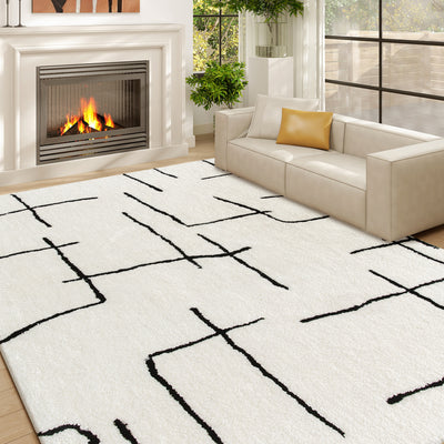 Soft High Pile Geometric Area Rug Washable Floor Carpet for Living Room or Bedroom, Cream