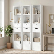 Slim Corner Bookcase with Shelves Drawers and Cabinet for Compact Home Storage White AOSOM