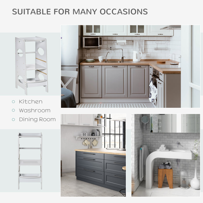 Grey Toddler Kitchen Step Stool With Adjustable Platform For Safe Independent Standing