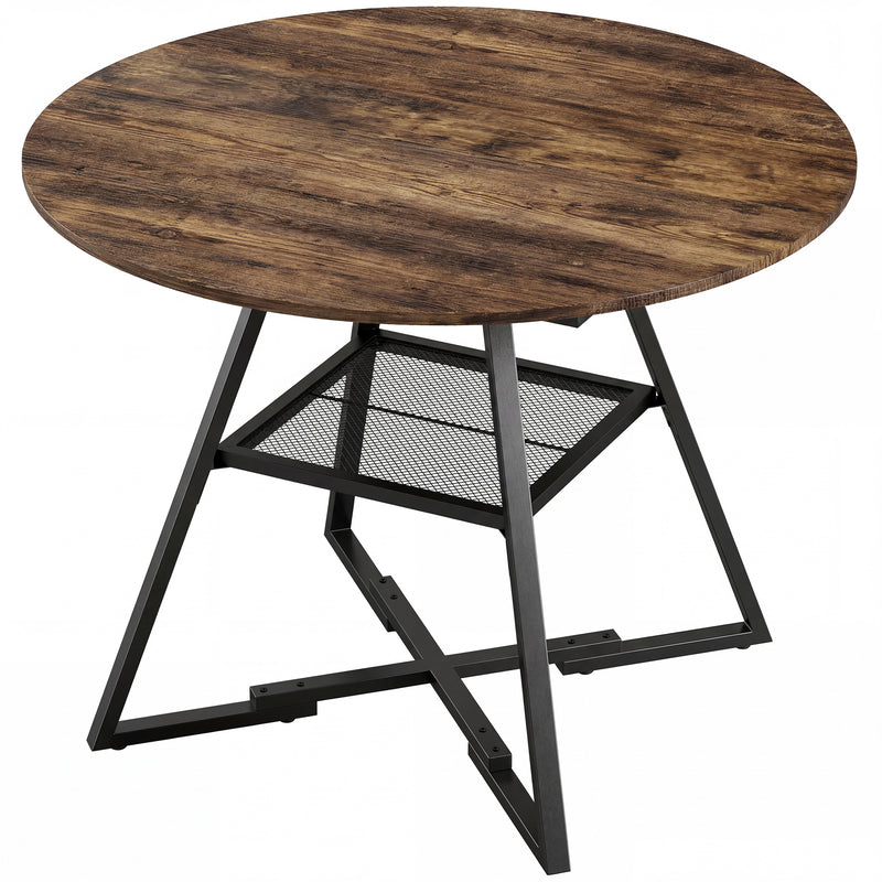 4 Seater Round Dining Table with Storage Shelf Modern Industrial Style Rustic Brown Black