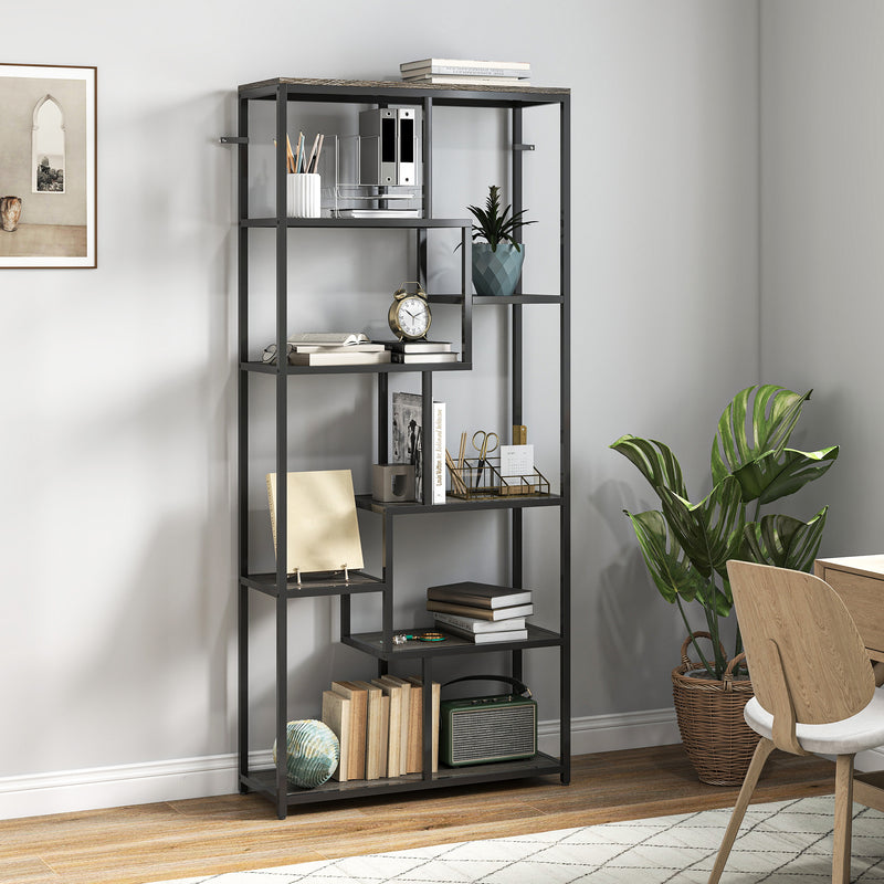 Seven Tier Geometric Bookcase With Open Shelving For Home Office Or Living Room Grey Black