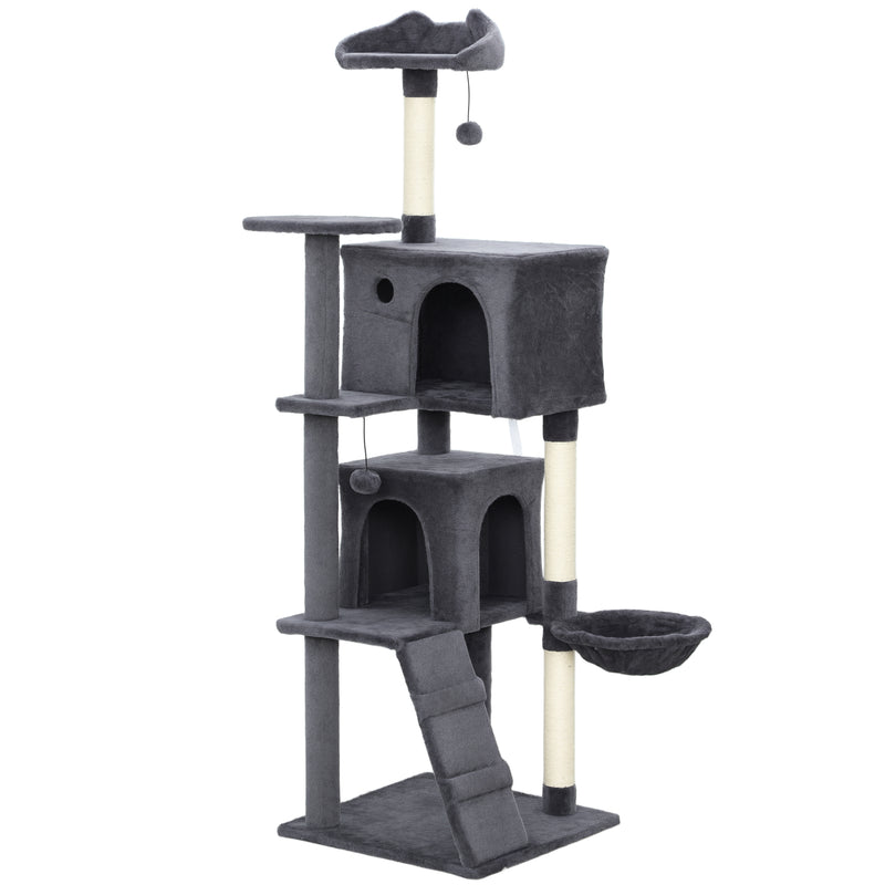 Large 160cm Cat Tree Tower with Hammock Condos Scratching Posts and Ladder Dark Grey AOSOM