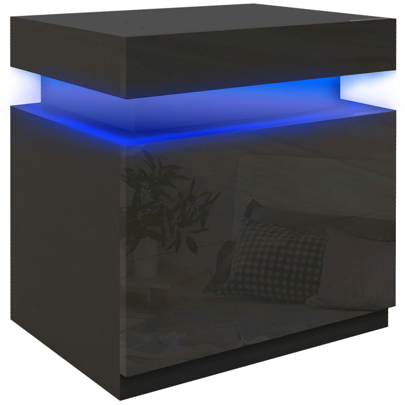 Black LED Bedside Table with High Gloss Front and 2 Drawers for Bedroom or Living Room by HOMCOM