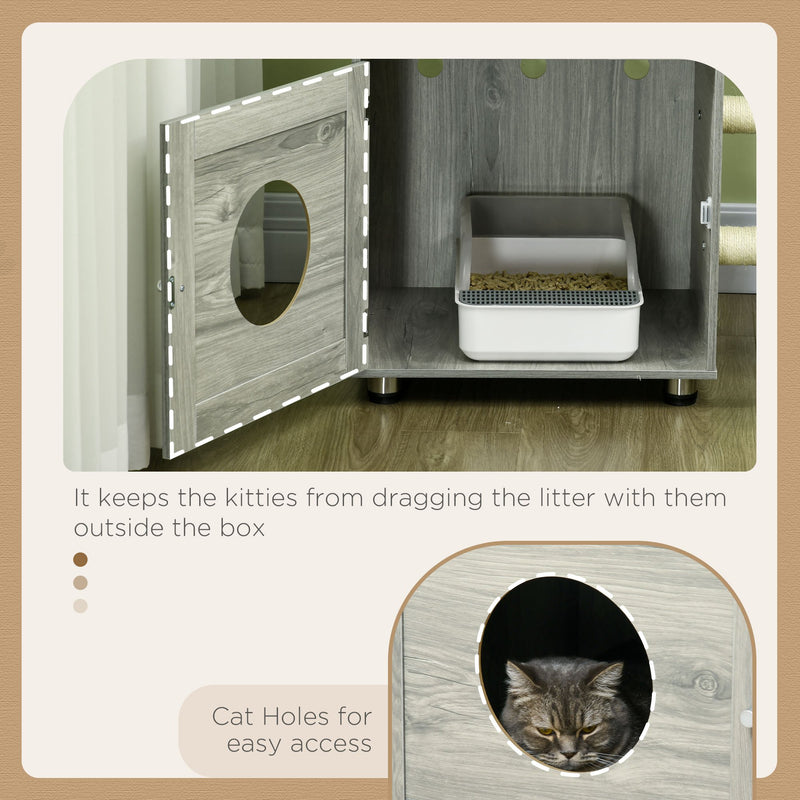 Enclosed Cat Litter Box with Bed and Scratching Posts for Indoor Cats, Grey