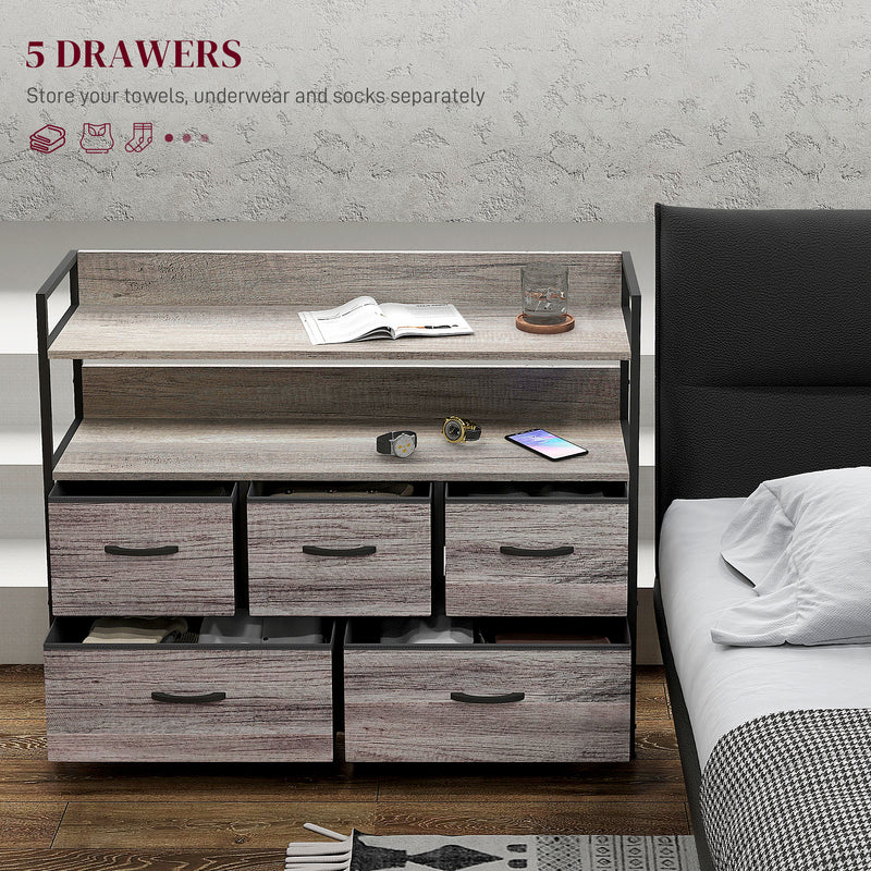 Tall Fabric Chest of 5 Drawers with Wood Effect Frame for Bedroom Storage Grey