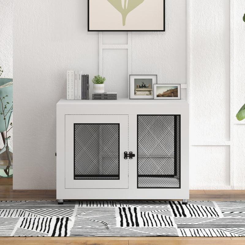 2 in 1 Dog Crate and Side Table with Cushion and Double Doors for Large Dogs Grey