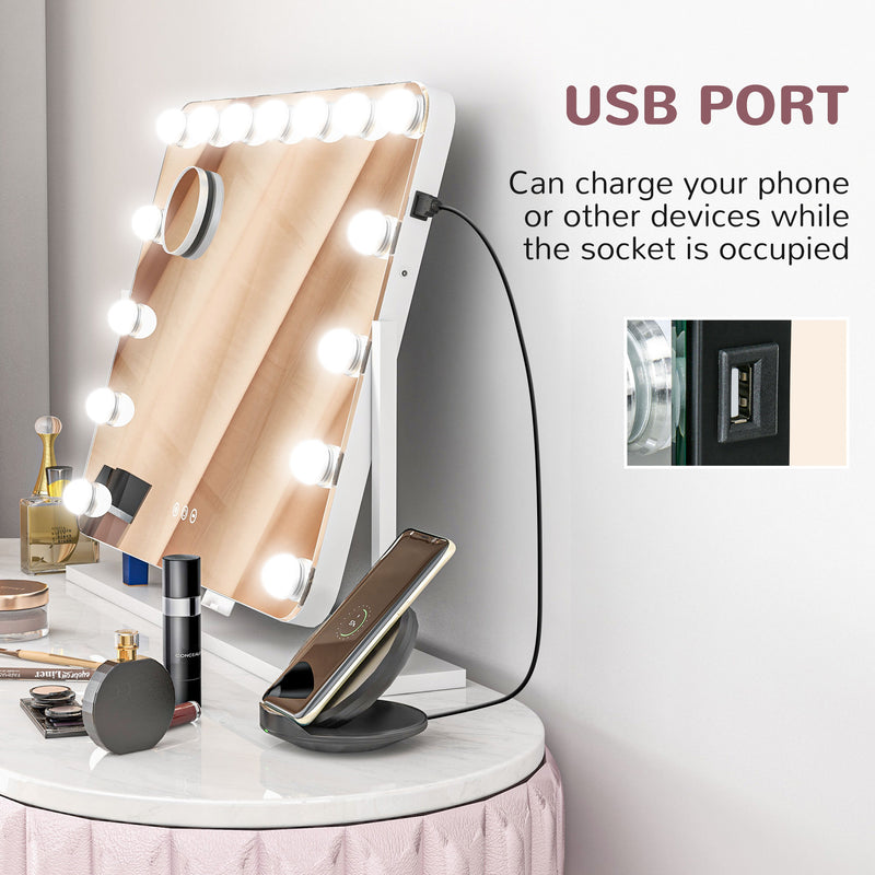 Tabletop Makeup Mirror with 14 LED Bulbs and Adjustable Brightness Settings, White