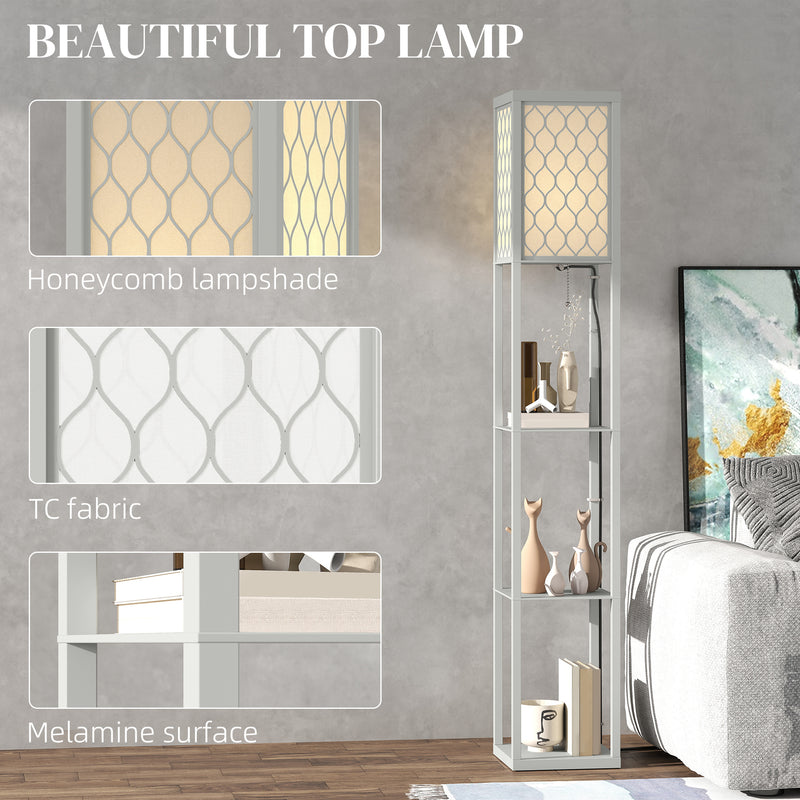 Grey and White Three Shelf Floor Lamp with Fabric Shade for Living Rooms by HOMCOM