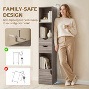 Slim Corner Bookcase with Shelves Drawers and Cabinet for Small Spaces Grey AOSOM